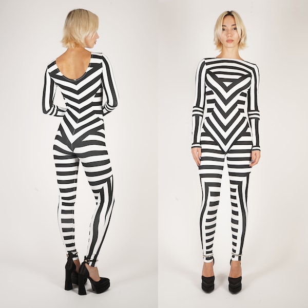 Black And White Striped Print Catsuit Spandex Jumpsuit Unitard Bodysuit Geometric Graphic Pattern Cirque Du Soleil Stripes XS S M L XL XXL