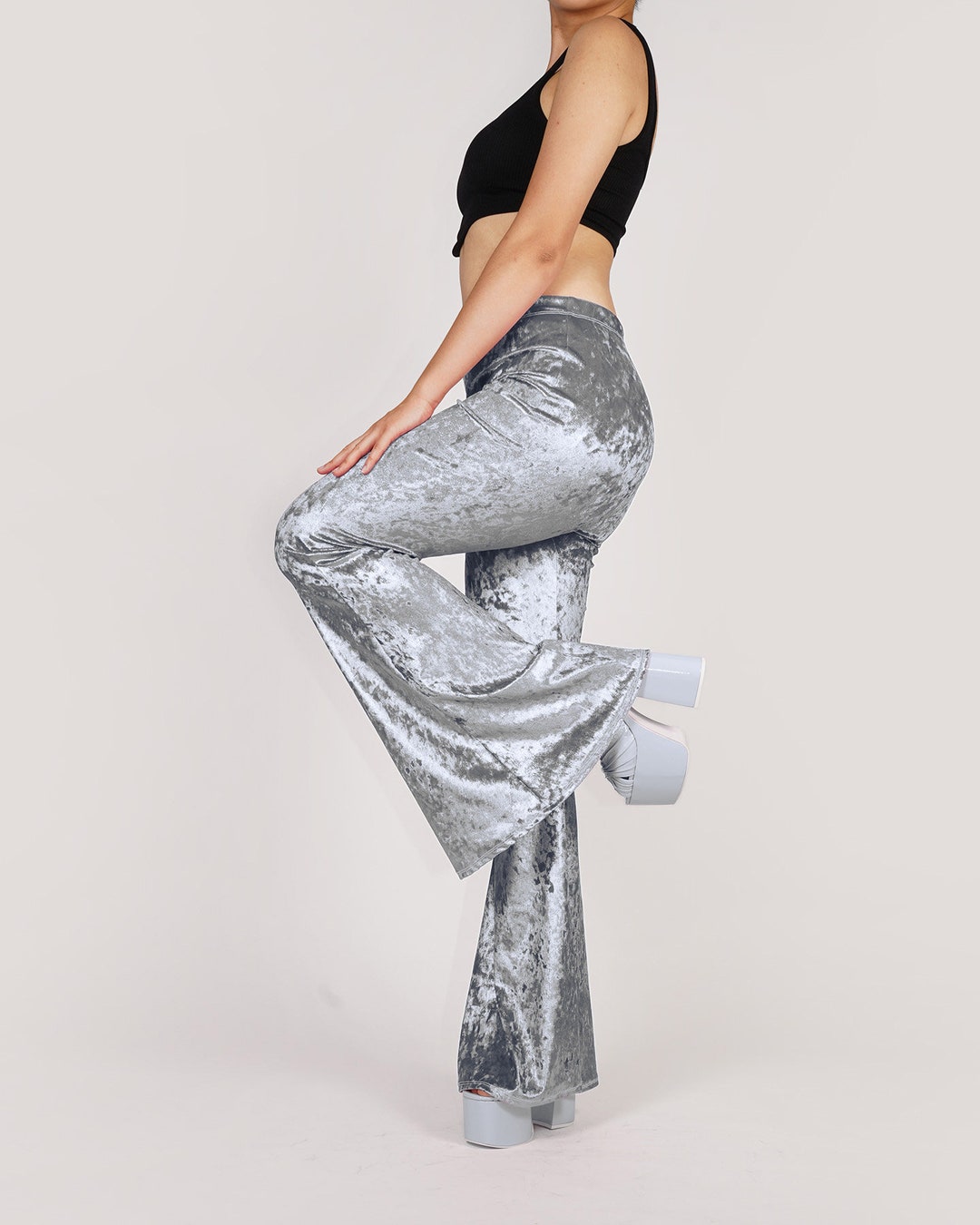 Metallic Silver Crushed Velvet Flare Leggings Customizable High Waisted  Bell Bottom Pants 70's Spandex Size S M L XL Short Long 