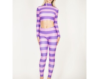 Catsuit met Cheshire Cat-print spandex jumpsuit Unitard bodysuit paars roze gestreept halloweenkostuum maat S