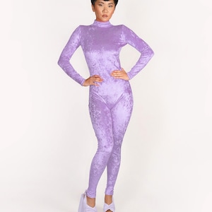 Lilac Light Purple Crushed Velvet Catsuit Jumpsuit Unitard Bodysuit Lavender Stretch Velour Long Sleeves One Piece S M L XL XXL Plus Size