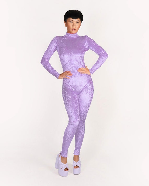 Lilac Light Purple Crushed Velvet Catsuit Jumpsuit Unitard Bodysuit Lavender Stretch Velour Long Sleeves One Piece S M L XL XXL Plus Size Etsy UK