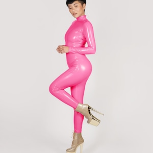 Hot Pink Stretch Vinyl Catsuit PVC PU Faux Latex Leather Turtle Neck Bodysuit Jumpsuit Barbie Bondage Halloween Costume Size xS S M L XL image 6
