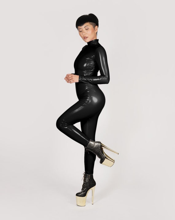 Black Stretch Vinyl Catsuit PVC PU Faux Latex Leather Turtle
