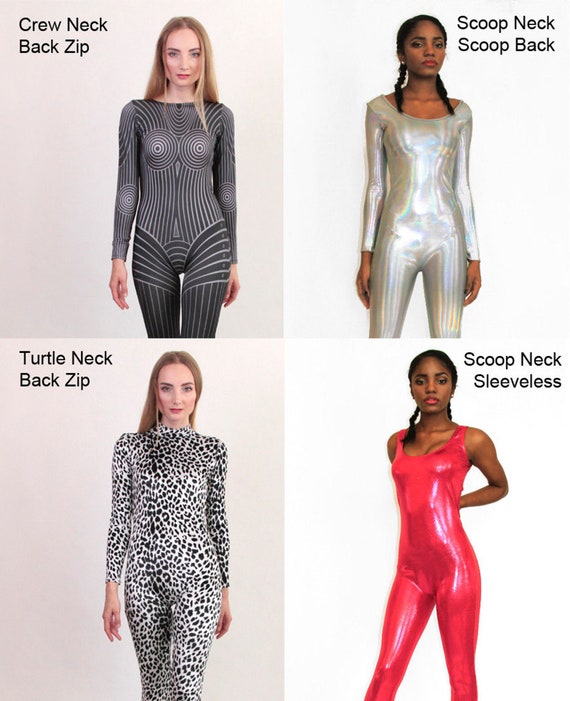 Scoop Neck Shiny Spandex Catsuit Long Sleeve Bodysuit Tight Hot