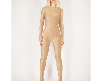 Glitter Gold Bodysuit Iridescent Footed Catsuit Spandex Jumpsuit Unitard Metallic Size S M L XL XXL