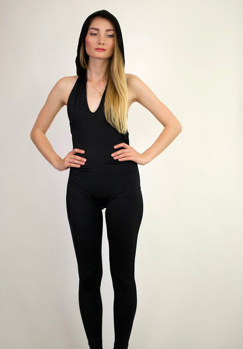 Black Hooded Halter Catsuit Jumpsuit Body Suit Spandex Nylon | Etsy