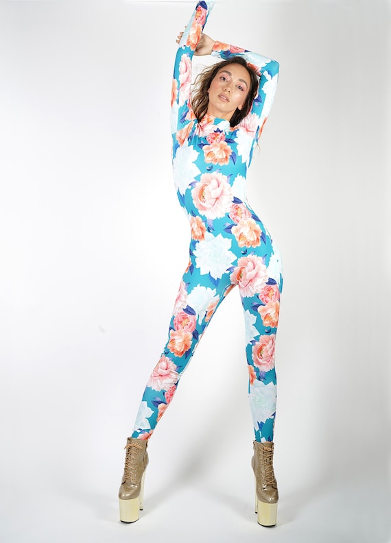 Peonies Flowers Printed Catsuit Blue and Pink Spandex Jumpsuit Unitard  Bodysuit Festival Costume S M L XL 
