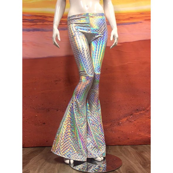 Metallic Iridescent White Rainbow Mermaid Tail Flare Leggings | Etsy