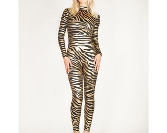 Gouden zebra tijger catsuit spandex jumpsuit Unitard bodysuit festivalkostuum SML XL Plus