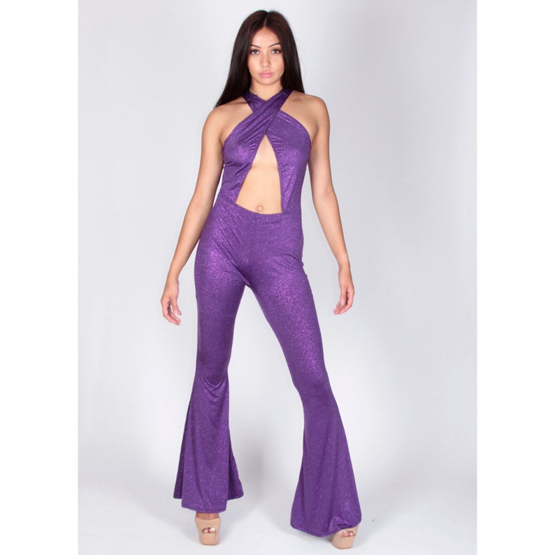 purple bell bottom jumpsuit
