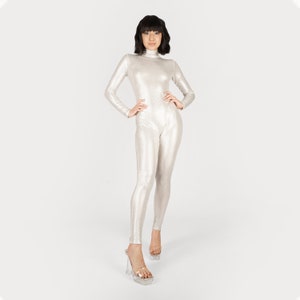 Mirrored Sequin Spandex Catsuit Champagne Jumpsuit Onesie Costume Metallic Mirror Disco Unitard Space Reflective Silver Bodysuit Size S