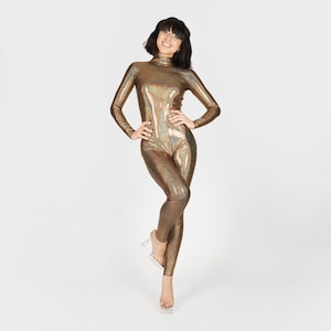 Hologram Iridescent Dark Gold Catsuit Spandex Jumpsuit Unitard Bronze Bodysuit Mystique Metallic Onesie Festival Costume Size S M L XL