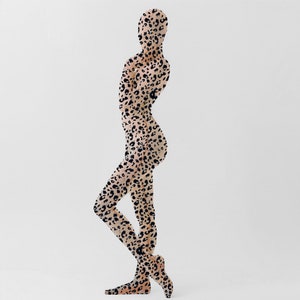 May include: A full-body suit with a leopard print pattern. The suit is made of a sheer material, and the print is visible through the fabric.