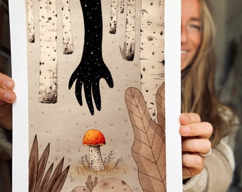 Mushroom art print: "Magic In Birch Wood"