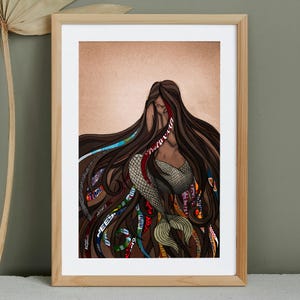 海のプラスチックに絡まった人魚の髪を描いた人魚のアートプリント