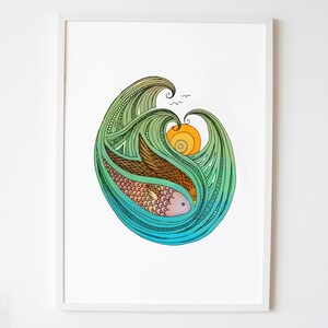 Surf Art Print with Ocean Waves, Sunset, Fish, and Bird