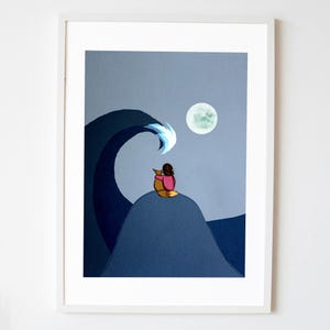 Wave Art Print with Full Moon, Ocean Wave, And a Fox and Girl