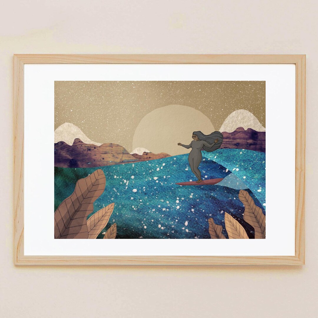 Surfer Girl Art Print With Full Moon Rising, Ocean Wave, and Mountains ...