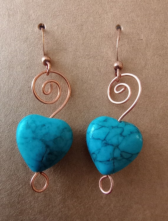 Copper Swirl Turquoise Heart Earrings