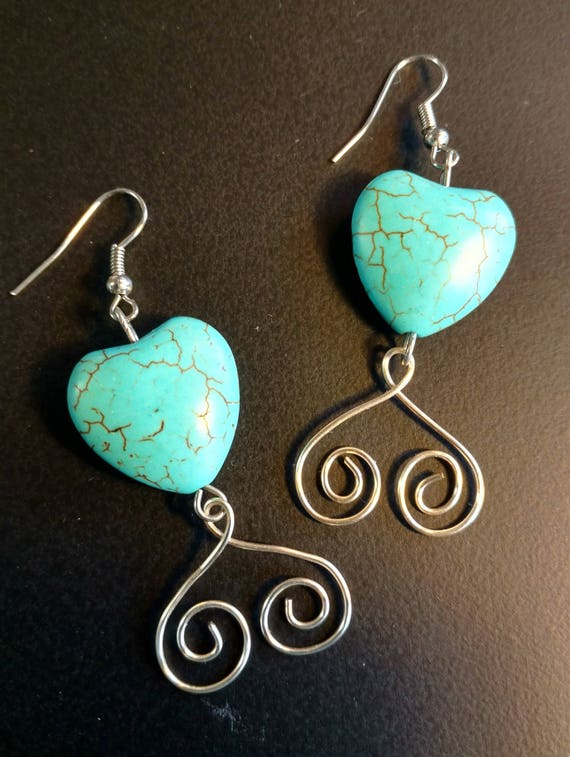 Turquoise (Howlite) and Silver Heart Earrings