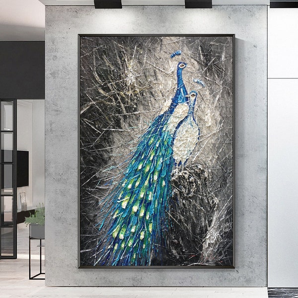 Black White Abstract wall art Peacock painting Cyan Teal Blue Canvas wall art 3D texture art thick acrylic palette knife painting on canvas