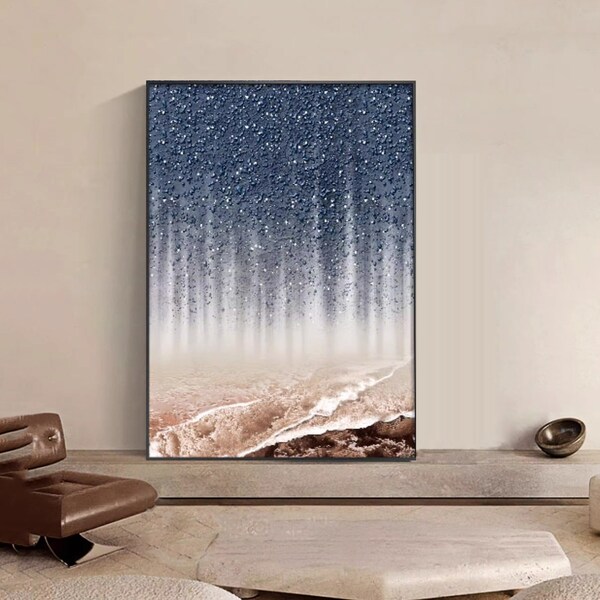 Hand painted Bluish art Abstract Azury Starry sky landscape painting Blue wall art oil painting on canvas living room decor Wabi sabi art