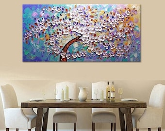 Hand-painted modern wall art living room home decor abstract white purple flower tree thick palette knife oil painting on canvas art By Lisa
