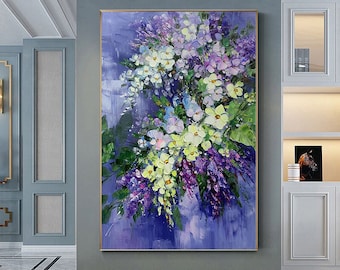 Large original art blooming orchid flower oil painting Abstract Blue Purple Yellow flower wall art living room decor palette knife painting