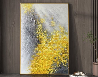 Gelbe Abstrakte Blumen Ölgemälde Abstrakte Weiß Schwarz Berg Landschaft Ölgemälde auf Leinwand Wandkunst Spachtel Acrylgemälde