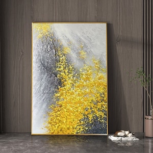 Gelbe Abstrakte Blumen Ölgemälde Abstrakte Weiß Schwarz Berg Landschaft Ölgemälde auf Leinwand Wandkunst Spachtel Acrylgemälde