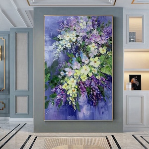 Large original art blooming orchid flower oil painting Abstract Blue Purple Yellow flower wall art living room decor palette knife painting