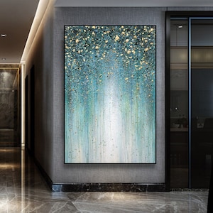 Large Abstract Art Emerald Green wall art canvas oil painting living room wall decor art Gold Minimalist Luxury Cyan Teal Blue canvas art