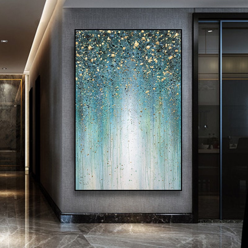 Large Abstract Art Emerald Green wall art canvas oil painting living room wall decor art Gold Minimalist Luxury Cyan Teal Blue canvas art