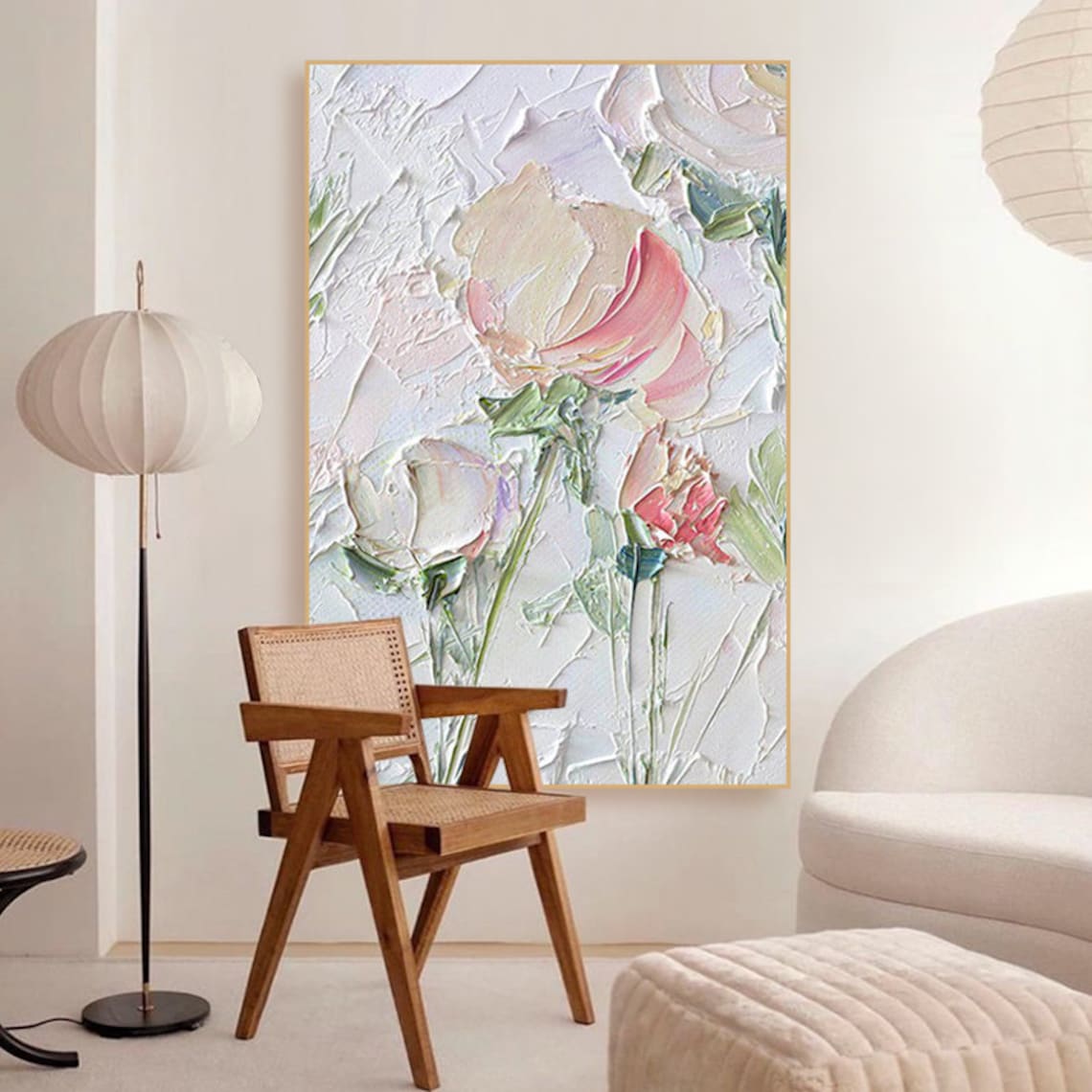 Large Original Art Abstract White Pink Rose Flower Oil Painting on ...