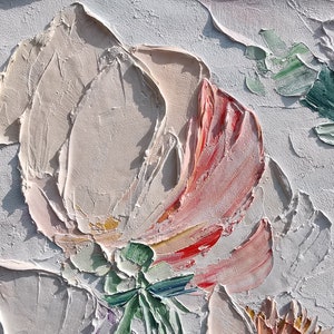 Large Original Art Abstract White Pink Rose Flower Oil Painting on ...