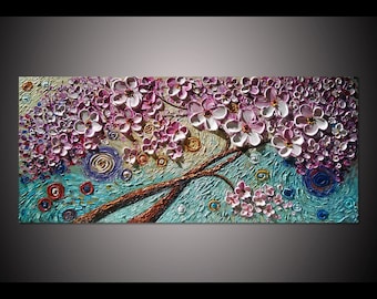 Large Original Abstract White Pink Cherry Blossom flower oil painting on canvas wall art thick texture palette knife art impasto painting