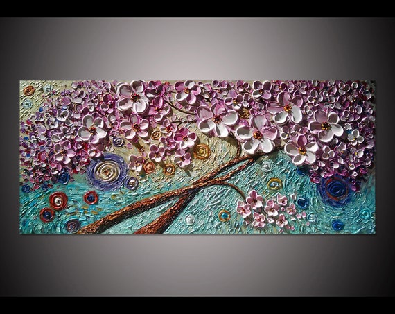 Large Original Abstract White Pink Cherry Blossom flower oil painting on canvas wall art thick texture palette knife art impasto painting