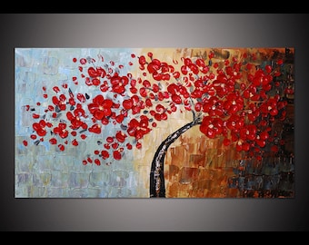 Met de hand geschilderd groot formaat Cherry Blossom Tree kunst aan de muur foto woonkamer slaapkamer interieur dik paletmes olieverfschilderij op canvas door Lisa