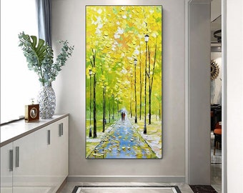Original art A loving couple walking on forest path autumn abstract landscape painting living room decor personalized wall art gift for her