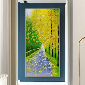Pintado a mano Paisaje del bosque pintura al óleo sobre lienzo Pintura abstracta verde amarillo Arte de pared grande para la decoración de la pared de la sala de estar Arte espiritual