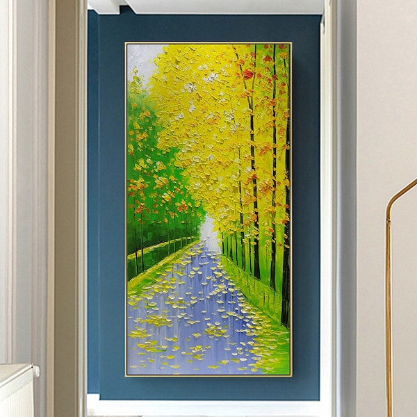 Pintado a mano Paisaje del bosque pintura al óleo sobre lienzo Pintura abstracta verde amarillo Arte de pared grande para la decoración de la pared de la sala de estar Arte espiritual