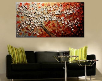 Grote handgeschilderde kers blosoom olieverfschilderij Home decor Abstract wit bruin bloem canvas kunst kunst palet mes olieverfschilderij