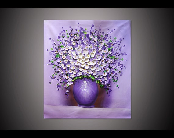 Framed 24x32 Inches Hand-painted White Purple Flower Vase Canvas Oil  Painting Art Abstract 3D Thick Acrylic Paint Palette Art Knife Painting 