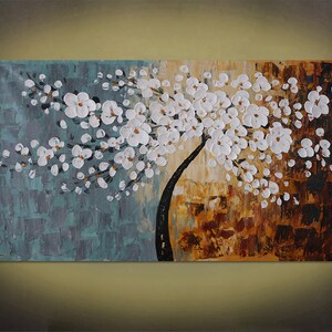 Hand-painted living room home decor flower wall art picture abstract brown white cherry tree palette knife painting on canvas art By Lisa