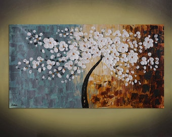 Hand-painted living room home decor flower wall art picture abstract brown white cherry tree palette knife painting on canvas art By Lisa