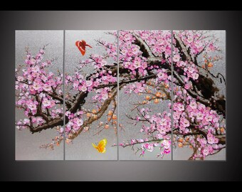Hand-painted living room bedroom home decor Blooming pink plum blossom tree hang wall art picture silver foil palette knife painting By Lisa
