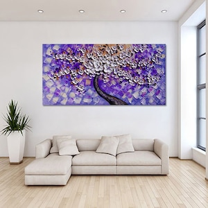 Hand painted White Cherry Blossom palette knife painting Abstract Blue Purple Canvas wall art oil painting living room home decor wall art