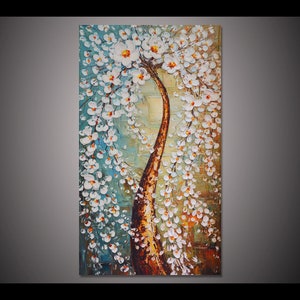 Hand-painted white cherry blossom flower tree painting modern home decor wall art picture thick palette knife oil painting canvas By Lisa