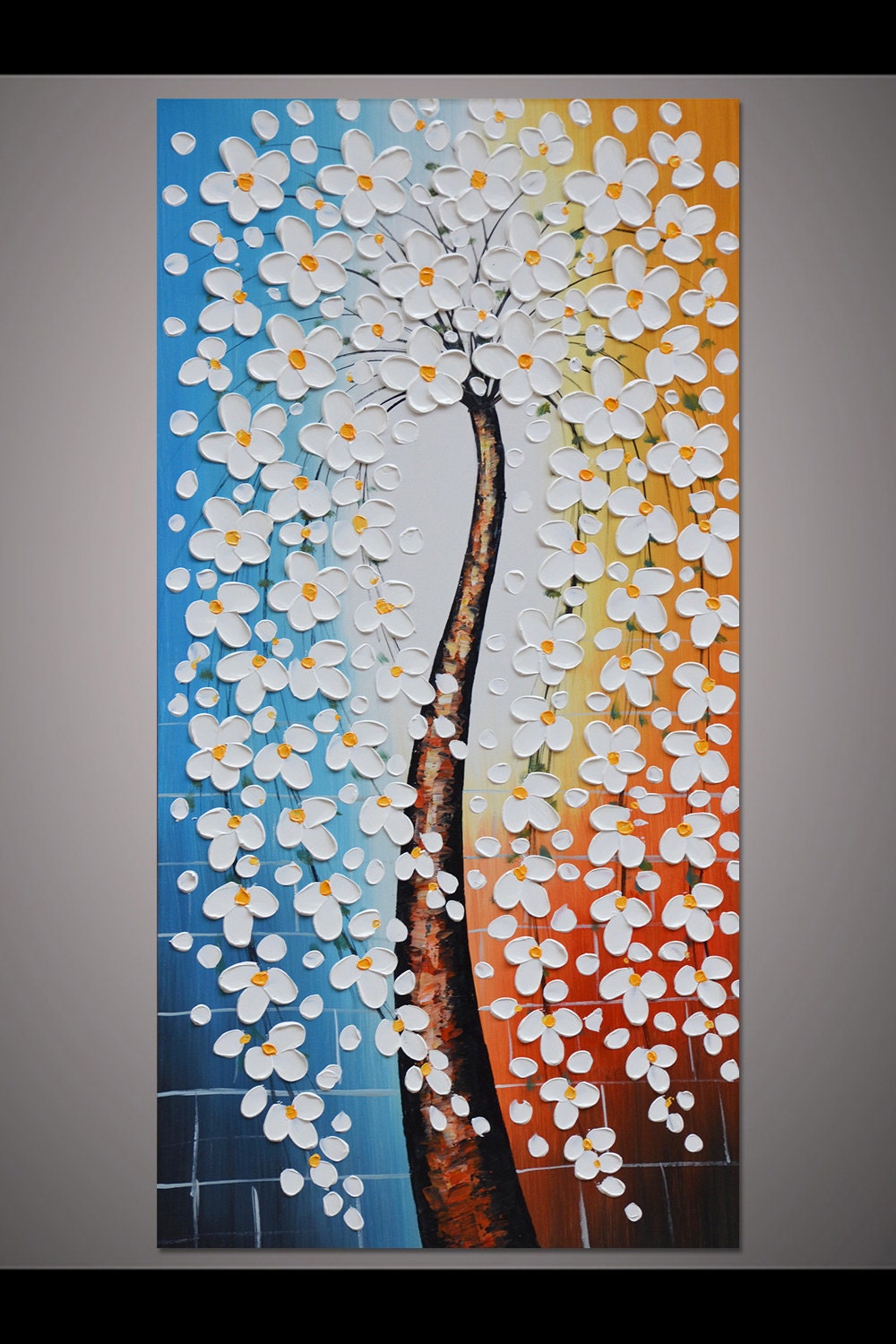 Hand Painted Vertical Blooming White Flower Tree Blue Tan Wall Etsy