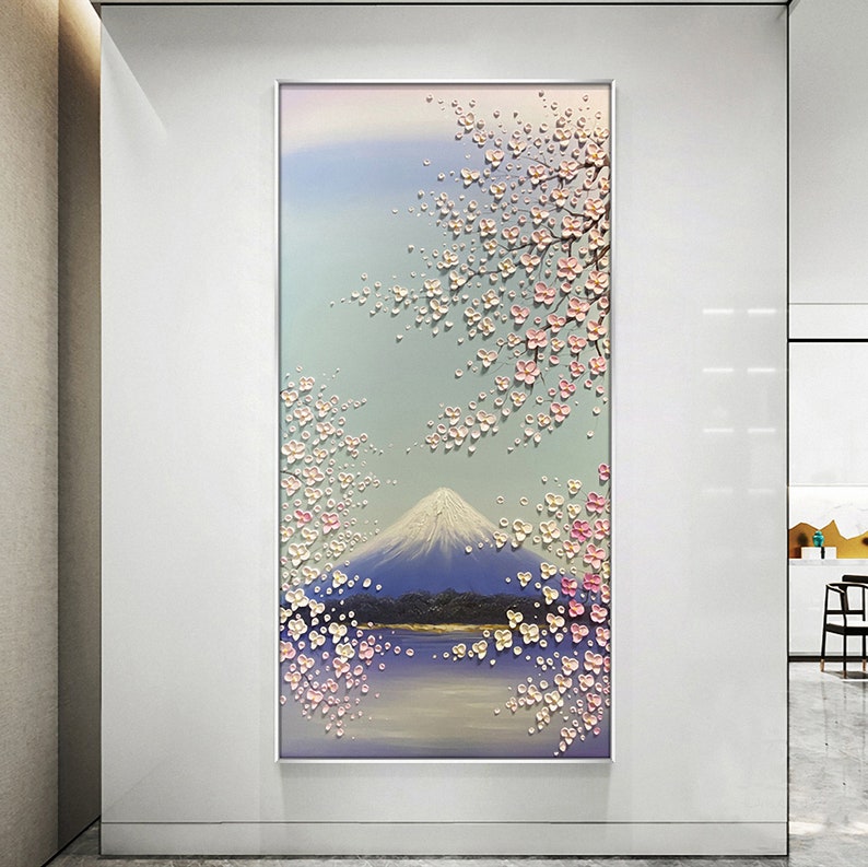 Large Original Wall Art Mount Fuji & Cherry Blossoms Painting Pink ...